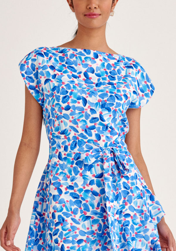 Paisie Belted Floral Boat Neck Dress in Blue Close Up